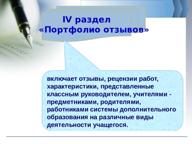 IV раздел  «Портфолио отзывов» включает отзывы, рецензии работ, характеристики, представленные классным руководителем, учителями - предметниками, родителями, работниками системы дополнительного образования на различные виды деятельности учащегося. 