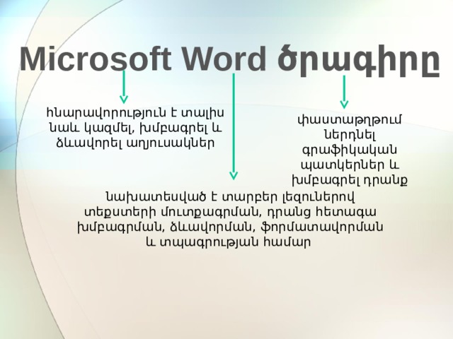 Microsoft Word ծրագիրը հնարավորություն է տալիս նաև կազմել, խմբագրել և ձևավորել աղյուսակներ փաստաթղթում ներդնել գրաֆիկական պատկերներ և խմբագրել դրանք նախատեսված է տարբեր լեզուներով տեքստերի մուտքագրման, դրանց հետագա խմբագրման, ձևավորման, ֆորմատավորման և տպագրության համար   