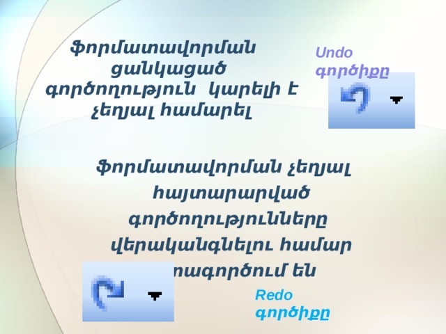 ֆորմատավորման ցանկացած գործողություն կարելի է չեղյալ համարել  Undo գործիքը ֆորմատավորման չեղյալ հայտարարված գործողությունները վերականգնելու համար օգտագործում են Redo գործիքը 