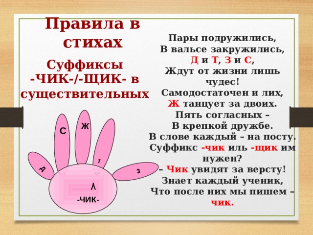  З  Д Ж Т Правила в стихах   Пары подружились,  В вальсе закружились,  Д и Т , З и С ,  Ждут от жизни лишь чудес!  Самодостаточен и лих,  Ж танцует за двоих.  Пять согласных –  В крепкой дружбе.  В слове каждый – на посту.  Суффикс  -чик  иль  -щик  им нужен?  –  Чик  увидят за версту!  Знает каждый ученик,  Что после них мы пишем – чик. Суффиксы -ЧИК-/-ЩИК- в существительных .   С  ٨   -ЧИК-  