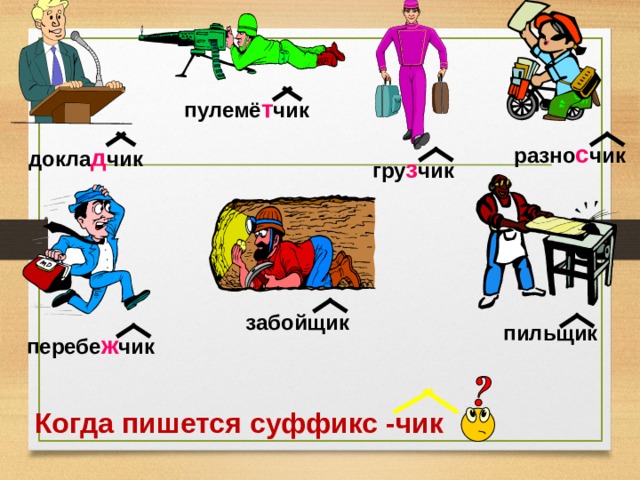 пулемё т чик  гру з чик докла д чик разно с чик  забойщик пильщик перебе ж чик  Когда пишется суффикс -чик 