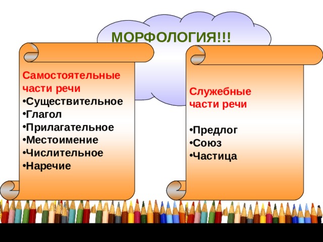 МОРФОЛОГИЯ!!! Самостоятельные части речи Существительное Глагол Прилагательное Местоимение Числительное Наречие  Служебные части речи  Предлог Союз Частица 