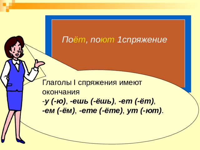По ёт , по ют 1спряжение Глаголы I спряжения имеют окончания - у (-ю) , -ешь (-ёшь) , -ет (-ёт) , -ем (-ём) , -ете (-ёте) , ут (-ют) . 
