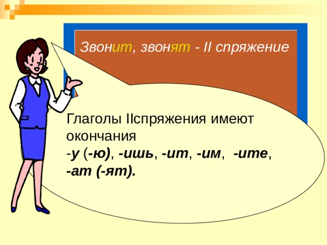 Звон ит , звон ят  - II спряжение Глаголы IIспряжения имеют окончания - у ( -ю) , -ишь , -ит , -им , -ите , -ат (-ят). 
