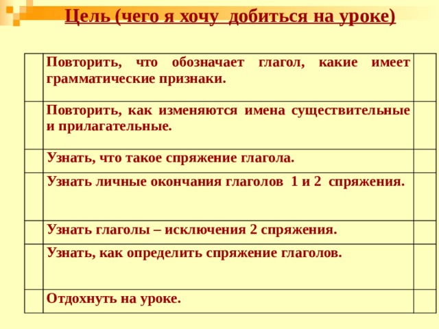 Цель (чего я хочу добиться на уроке)   Повторить, что обозначает глагол, какие имеет грамматические признаки. Повторить, как изменяются имена существительные и прилагательные. Узнать, что такое спряжение глагола. Узнать личные окончания глаголов 1 и 2 спряжения. Узнать глаголы – исключения 2 спряжения. Узнать, как определить спряжение глаголов. Отдохнуть на уроке. 