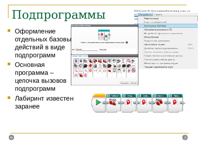 Подпрограммы Оформление отдельных базовых действий в виде подпрограмм Основная программа – цепочка вызовов подпрограмм Лабиринт известен заранее  