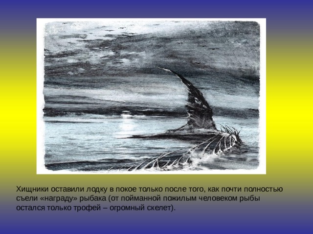 Хищники оставили лодку в покое только после того, как почти полностью съели «награду» рыбака (от пойманной пожилым человеком рыбы остался только трофей – огромный скелет). 