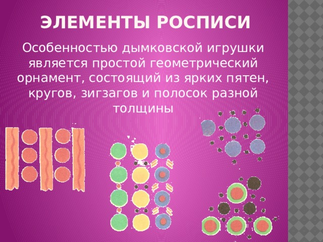 ЭЛЕМЕНТЫ РОСПИСИ Особенностью дымковской игрушки является простой геометрический орнамент, состоящий из ярких пятен, кругов, зигзагов и полосок разной толщины 
