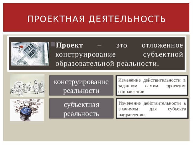 Проектная деятельность Проект – это отложенное конструирование субъектной образовательной реальности. конструирование реальности Изменение действительности в заданном самим проектом направлении. субъектная реальность Изменение действительности в значимом для субъекта направлении. 