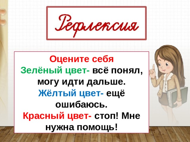 Оцените себя Зелёный цвет- всё понял, могу идти дальше. Жёлтый цвет- ещё ошибаюсь. Красный цвет- стоп! Мне нужна помощь! 