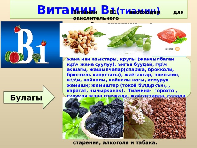 Витамин В 1(тиамин) Витамин B1 необходим для окислительного декарбоксилирования кетокислот, (пировиноградной и молочной), синтеза ацетилхолина, он участвует в углеводном обмене и связанных с ним энергетическом, жировом, белковом, водно-солевом обмене, оказывает регулирующее воздействие на деятельность нервной системы, улучшает циркуляцию крови и участвует в кроветворении. Тиамин оптимизирует познавательную активность и функции мозга. Он оказывает положительное действие на уровень энергии, рост, нормальный аппетит, способность к обучению и необходим для тонуса мышц пищеварительного тракта, желудка и сердца. Антиоксидант, защищает организм от разрушительного воздействия старения, алкоголя и табака. Майда ,ирик тартылган ундан жасалган нан жана нан азыктары, крупы (жанчылбаган к\р\ч жана суулуу), ънгън буудай, г\р\ч акшагы, жашылчалар(спаржа, брокколи, брюссель капустасы), жаёгактар, апельсин, ж\з\м, кайналы, кайналы кагы, итмурун жемиши; жемиштер (токой б\лд\ркън\, , карагат, чычырканак). Тиамина- горохто , сулууда жана гречкада, жаёгактарда, салада къп. Булагы 
