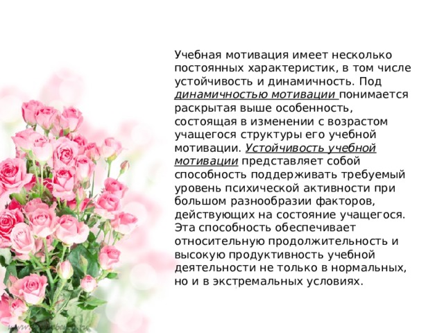 Учебная мотивация имеет несколько постоянных характеристик, в том числе устойчивость и динамичность. Под динамичностью мотивации понимается раскрытая выше особенность, состоящая в изменении с возрастом учащегося структуры его учебной мотивации. Устойчивость учебной мотивации представляет собой способность поддерживать требуемый уровень психической активности при большом разнообразии факторов, действующих на состояние учащегося. Эта способность обеспечивает относительную продолжительность и высокую продуктивность учебной деятельности не только в нормальных, но и в экстремальных условиях. 