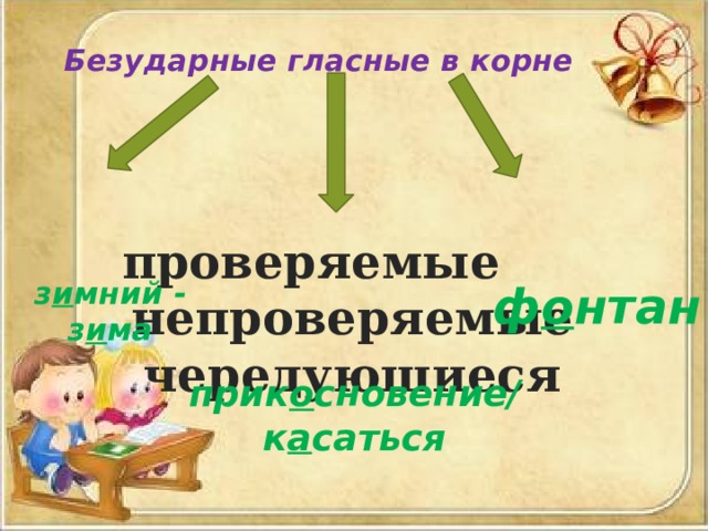Безударные гласные в корне    проверяемые непроверяемые  чередующиеся ф о нтан з и мний - з и ма   прик о сновение/к а саться 