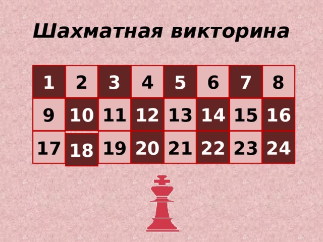 Шахматная викторина 1 2 3 4 5 6 7 8 16 15 13 14 12 11 10 9 17 19 20 21 22 23 24 18 