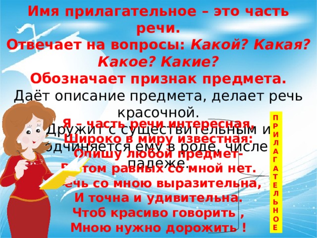 Имя прилагательное – это часть речи. Отвечает на вопросы:  Какой? Какая? Какое? Какие? Обозначает признак предмета. Даёт описание предмета, делает речь красочной. Дружит с существительным и подчиняется ему в роде, числе и падеже. ПРИЛАГАТЕЛЬНОЕ Я – часть речи интересная, Широко в миру известная: Опишу любой предмет- В этом равных со мной нет. Речь со мною выразительна, И точна и удивительна. Чтоб красиво говорить , Мною нужно дорожить ! 