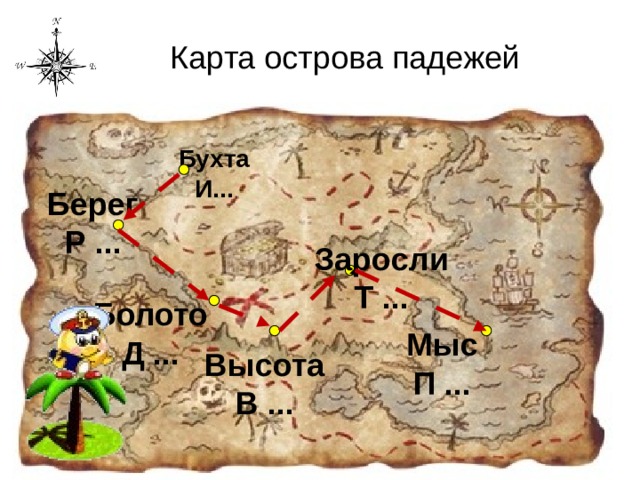 Карта острова падежей Бухта И... Берег Р ... Заросли Т ... Болото Д ... Мыс П ... Высота В ... 