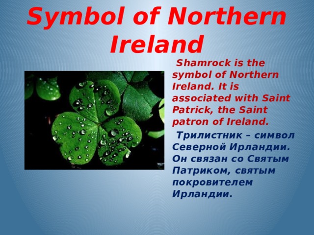 Symbol of Northern Ireland  Shamrock is the symbol of Northern Ireland. It is associated with Saint Patrick, the Saint patron of Ireland.  Трилистник – символ Северной Ирландии. Он связан со Святым Патриком, святым покровителем Ирландии.  