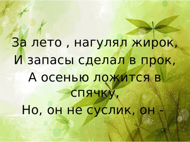 За лето , нагулял жирок, И запасы сделал в прок, А осенью ложится в спячку, Но, он не суслик, он - 
