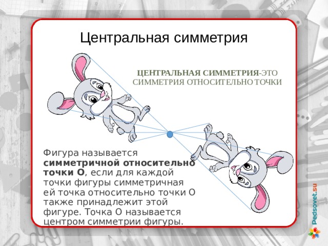 Центральная симметрия Центральная симметрия -это симметрия относительно точки Фигура называется симметричной  относительно точки О , если для каждой точки фигуры симметричная ей точка относительно точки О также принадлежит этой фигуре. Точка О называется центром симметрии фигуры. 