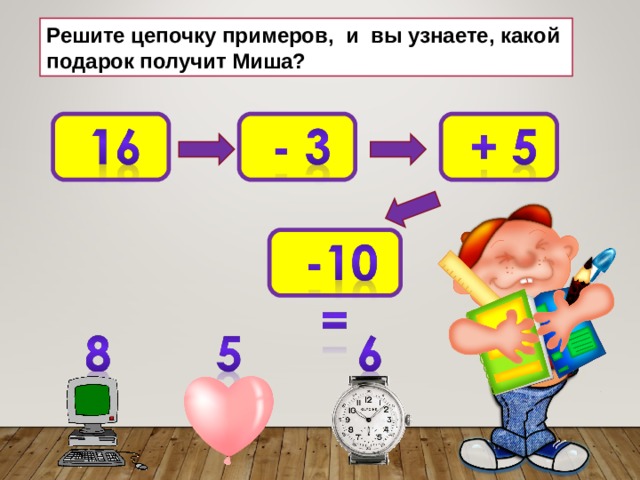 Решите цепочку примеров, и вы узнаете, какой подарок получит Миша? 
