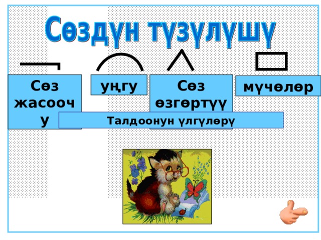 Сөз жасоочу Сөз өзгөртүүчүү уңгу мүчөлөр Талдоонун үлгүлөрү 