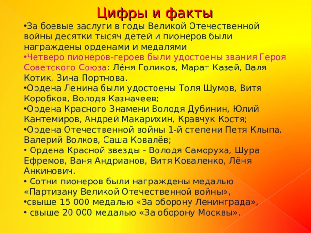 Цифры и факты За боевые заслуги в годы Великой Отечественной войны десятки тысяч детей и пионеров были награждены орденами и медалями Четверо пионеров-героев были удостоены звания Героя Советского Союза : Лёня Голиков, Марат Казей, Валя Котик, Зина Портнова. Ордена Ленина были удостоены Толя Шумов, Витя Коробков, Володя Казначеев; Ордена Красного Знамени Володя Дубинин, Юлий Кантемиров, Андрей Макарихин, Кравчук Костя; Ордена Отечественной войны 1-й степени Петя Клыпа, Валерий Волков, Саша Ковалёв;  Ордена Красной звезды - Володя Саморуха, Шура Ефремов, Ваня Андрианов, Витя Коваленко, Лёня Анкинович.  Сотни пионеров были награждены медалью «Партизану Великой Отечественной войны», свыше 15 000 медалью «За оборону Ленинграда»,  свыше 20 000 медалью «За оборону Москвы». 