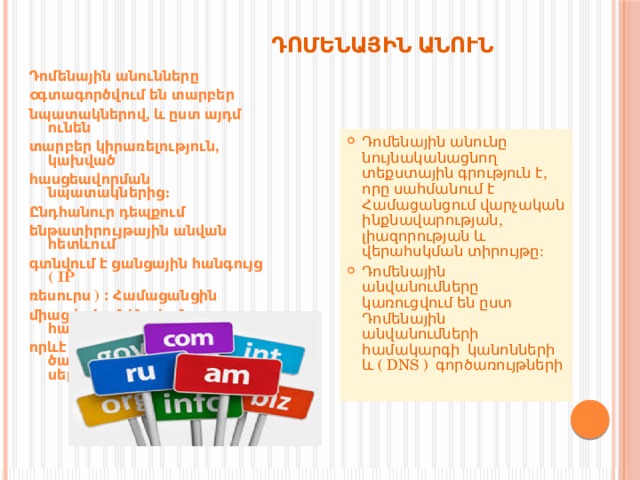 ԴՈՄԵՆԱՅԻՆ ԱՆՈՒՆ   Դոմենային անունները օգտագործվում են տարբեր նպատակներով, և ըստ այդմ ունեն տարբեր կիրառելություն, կախված հասցեավորման նպատակներից: Ընդհանուր դեպքում ենթատիրույթային անվան հետևում գտնվում է ցանցային հանգույց ( IP ռեսուրս ) ։ Համացանցին միացված անձնական համակարգիչ, որևէ ցանցային ծառայություններ մատուցող սերվեր Դոմենային անունը նույնականացնող տեքստային գրություն է, որը սահմանում է Համացանցում վարչական ինքնավարության, լիազորության և վերահսկման տիրույթը: Դոմենային անվանումները կառուցվում են ըստ Դոմենային անվանումների համակարգի կանոնների և ( DNS ) գործառույթների 