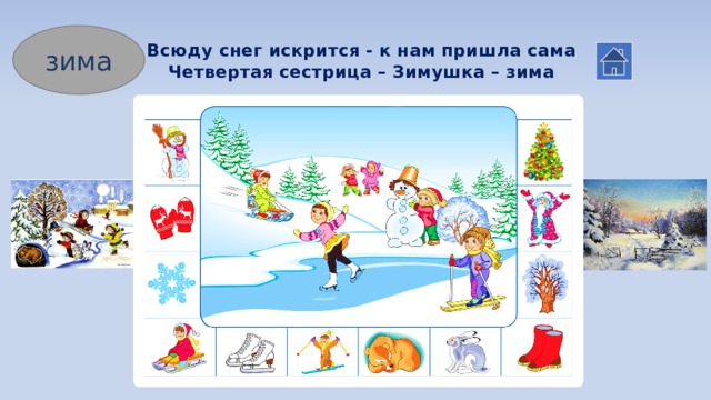 Всюду снег искрится - к нам пришла сама  Четвертая сестрица – Зимушка – зима зима 