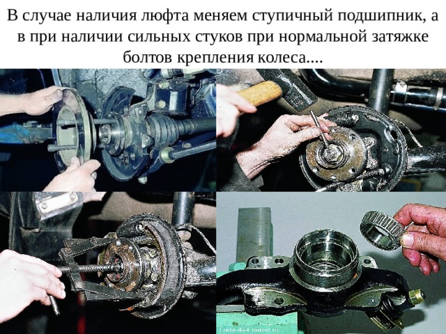 В случае наличия люфта меняем ступичный подшипник, а в при наличии сильных стуков при нормальной затяжке болтов крепления колеса.... 