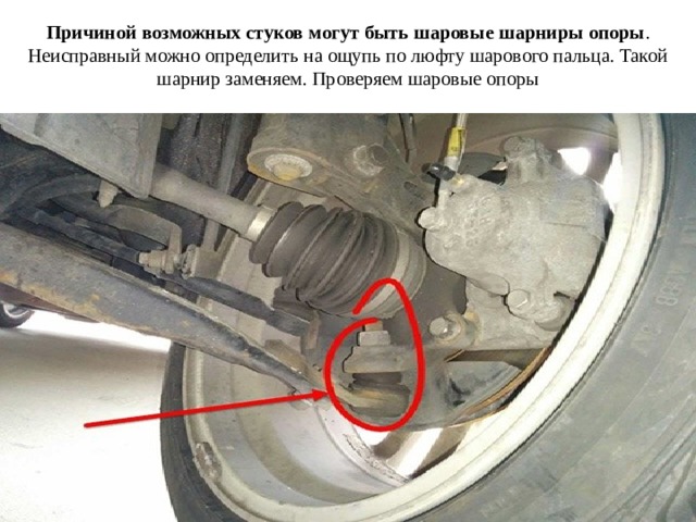 Причиной возможных стуков могут быть шаровые шарниры опоры . Неисправный можно определить на ощупь по люфту шарового пальца. Такой шарнир заменяем. Проверяем шаровые опоры 