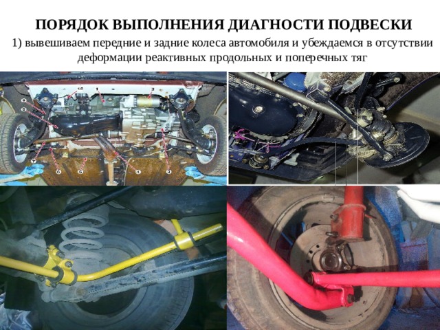   ПОРЯДОК ВЫПОЛНЕНИЯ  ДИАГНОСТИ ПОДВЕСКИ   1) вывешиваем передние и задние колеса автомобиля и убеждаемся в отсутствии деформации реактивных продольных и поперечных тяг 