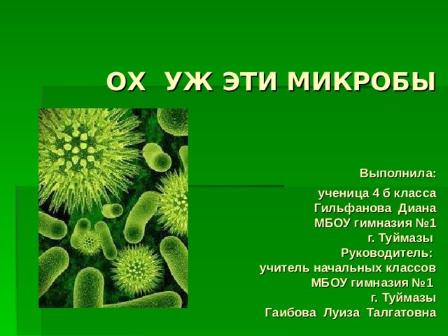   ОХ УЖ ЭТИ МИКРОБЫ    Выполнила:  ученица 4 б класса  Гильфанова Диана  МБОУ гимназия №1  г. Туймазы  Руководитель:  учитель начальных классов  МБОУ гимназия №1  г. Туймазы  Гаибова Луиза Талгатовна   