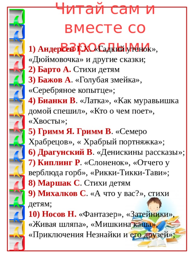 Читай сам и вместе со взрослыми   1) Андерсен Г.Х . «Гадкий утенок», «Дюймовочка» и другие сказки; 2) Барто А. Стихи детям 3) Бажов А . «Голубая змейка», «Серебряное копытце»; 4) Бианки В . «Латка», «Как муравьишка домой спешил», «Кто о чем поет», «Хвосты»; 5) Гримм Я. Гримм В . «Семеро Храбрецов», « Храбрый портняжка»; 6) Драгунский В . «Денискины рассказы»; 7) Киплинг Р . «Слоненок», «Отчего у верблюда горб», «Рикки-Тикки-Тави»; 8) Маршак С . Стихи детям 9) Михалков С . «А что у вас?», стихи детям; 10) Носов Н. «Фантазер», «Затейники», «Живая шляпа», «Мишкина каша», «Приключения Незнайки и его друзей»; 