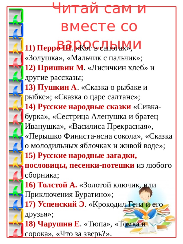 Читай сам и вместе со взрослыми   11) Перро Ш . «Кот в сапогах», «Золушка», «Мальчик с пальчик»; 12) Пришвин М . «Лисичкин хлеб» и другие рассказы; 13) Пушкин А . «Сказка о рыбаке и рыбке»; «Сказка о царе салтане»; 14) Русские народные сказки «Сивка-бурка», «Сестрица Аленушка и братец Иванушка», «Василиса Прекрасная», «Перышко Финиста-ясна сокола», «Сказка о молодильных яблочках и живой воде»; 15) Русские народные загадки, пословицы, песенки-потешки из любого сборника; 16) Толстой А. «Золотой ключик, или Приключения Буратино»; 17) Успенский Э . «Крокодил Гена и его друзья»; 18) Чарушин Е . «Тюпа», «Томка и сорока», «Что за зверь?». 