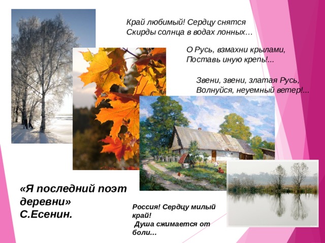 Край любимый! Сердцу снятся Скирды солнца в водах лонных… О Русь, взмахни крылами, Поставь иную крепь!... Звени, звени, златая Русь, Волнуйся, неуемный ветер!... «Я последний поэт деревни» С.Есенин. Россия! Сердцу милый край!  Душа сжимается от боли…   