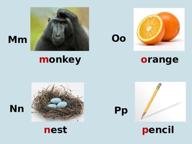 Oo Mm m onkey o range Nn Pp n est p encil 