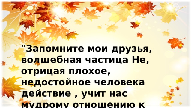 “ Запомните мои друзья, волшебная частица Не, отрицая плохое, недостойное человека действие , учит нас мудрому отношению к жизни и к себе”. 