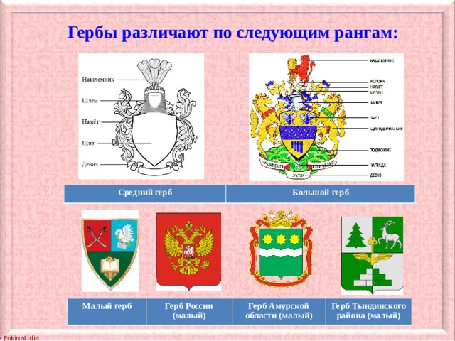 Гербы различают по следующим рангам:  Средний герб Большой герб Малый герб Герб России (малый) Герб Амурской области (малый) Герб Тындинского района (малый)