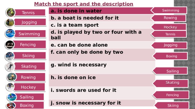 Match the sport and the description Tennis Jogging Swimming Fencing Skiing Skating Rowing Hockey Sailing Boxing   Swimming a. is done in water b. a boat is needed for it c. is a team sport d. is played by two or four with a ball e. can be done alone f. can only be done by two g. wind is necessary h. is done on ice i. swords are used for it  j. snow is necessary for it Rowing Hockey Tennis Jogging Boxing Sailing Skating Fencing T Skiing 4 