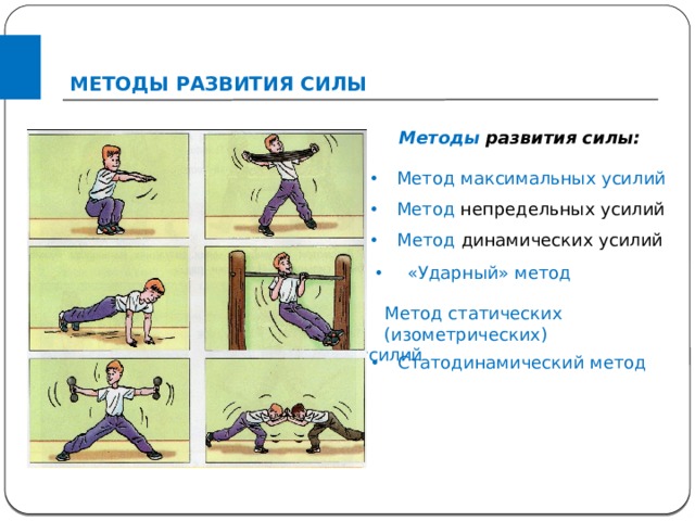 МЕТОДЫ РАЗВИТИЯ СИЛЫ Методы развития силы: Метод максимальных усилий Метод непредельных усилий Метод динамических усилий  «Ударный» метод Метод статических (изометрических) усилий Статодинамический метод 
