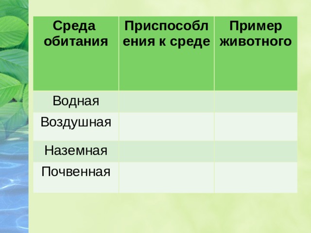 Среда обитания Приспособления к среде Водная Пример животного Воздушная Наземная Почвенная 