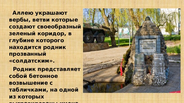  Аллею украшают вербы, ветви которые создают своеобразный зеленый коридор, в глубине которого находится родник прозванный «солдатским».  Родник представляет собой бетонное возвышение с табличками, на одной из которых выгравированы имена, погибших в Афганистане воинов из Адыгеи. 