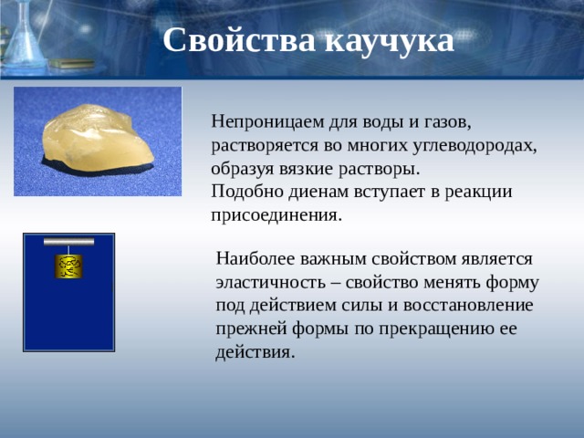 Свойства каучука Непроницаем для воды и газов, растворяется во многих углеводородах, образуя вязкие растворы. Подобно диенам вступает в реакции присоединения. Наиболее важным свойством является эластичность – свойство менять форму под действием силы и восстановление прежней формы по прекращению ее действия. 