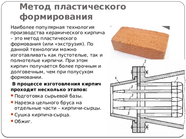 Метод пластического формирования Наиболее популярная технология производства керамического кирпича – это метод пластического формования (или «экструзия). По данной технологии можно изготавливать как пустотелые, так и полнотелые кирпичи. При этом кирпич получается более прочным и долговечным, чем при полусухом формовании.  В процессе изготовления кирпич проходит несколько этапов: Подготовка сырьевой базы. Нарезка цельного бруса на отдельные части – кирпичи-сырцы. Сушка кирпича-сырца. Обжиг. 