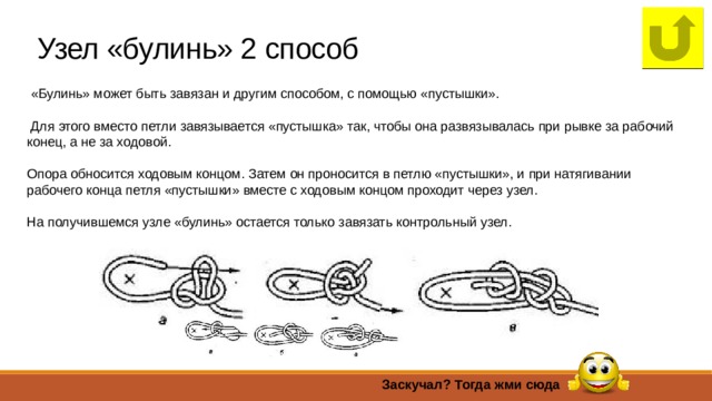 Узел «булинь» 2 способ  «Булинь» может быть завязан и другим способом, с помощью «пустышки».  Для этого вместо петли завязывается «пустышка» так, чтобы она развязывалась при рывке за рабочий конец, а не за ходовой. Опора обносится ходовым концом. Затем он проносится в петлю «пустышки», и при натягивании рабочего конца петля «пустышки» вместе с ходовым концом проходит через узел. На получившемся узле «булинь» остается только завязать контрольный узел. Заскучал? Тогда жми сюда 