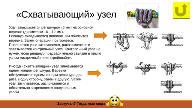 «Схватывающий» узел Узел завязывается репшнуром (6 мм) на основной веревке (диаметром 10—12 мм). Репшнур складывается пополам, им обносится веревка. Затем операция повторяется. После этого узел затягивается, распрямляется и завязывается контрольный узел. Контрольный узел не нужен, если репшнур предварительно завязан в петлю узлом «встречный» или «грейпвайн». Иногда «схватывающий» узел завязывается одним концом репшнура. Веревка обкручивается одним концом репшнура два раза в одну сторону, затем в другую. Затем узел затягивается, распрямляется и обязательно закрепляется контрольным узлом. Заскучал? Тогда жми сюда 