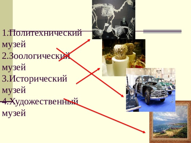 1.Политехнический музей  2.Зоологический музей  3.Исторический музей  4.Художественный музей   