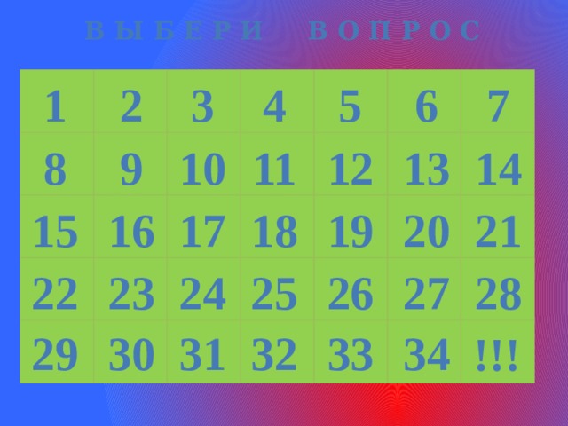 В Ы Б Е Р И В О П Р О С 2 3 4 5 6 7 1 12 14 13 9 11 10 8 21 20 19 18 17 15 16 26 28 27 25 24 23 22 29 30 31 32 33 34 !!! 
