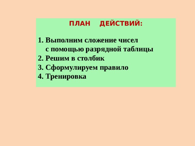 ПЛАН ДЕЙСТВИЙ:  1. Выполним сложение чисел  с помощью разрядной таблицы 2. Решим в столбик 3. Сформулируем правило 4. Тренировка  