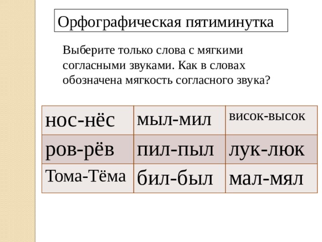 Орфографическая пятиминутка Выберите только слова с мягкими согласными звуками. Как в словах обозначена мягкость согласного звука? нос-нёс ров-рёв мыл-мил висок-высок пил-пыл Тома-Тёма лук-люк бил-был мал-мял 